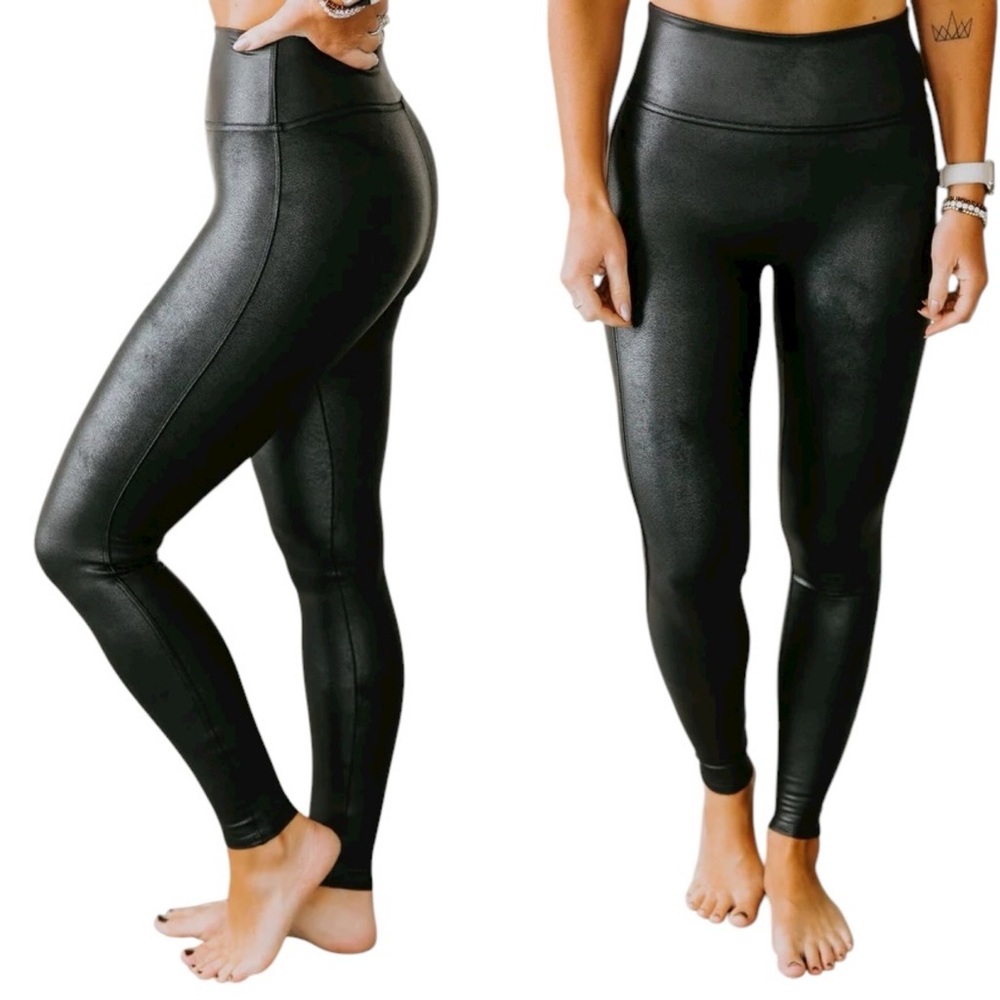 Spanx Black Faux Leather Shiny Leggings Athleisure EUC Large